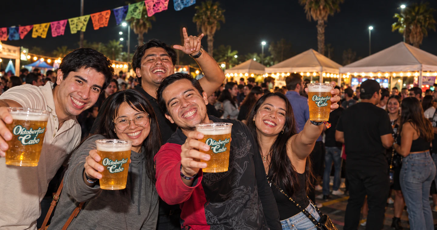 Amigos brindando en el Oktoberfest Cabo